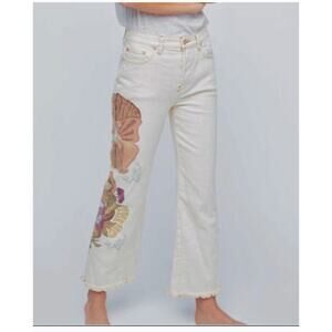 Free People We The Free Rising Sun Jean High Rise Ivory Floral Raw Hem Size 29
